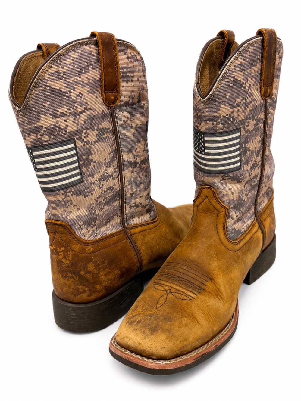 Ariat Patriot Kids Cowboy Boots Size 2 Brown Leather Camo American Flag Western